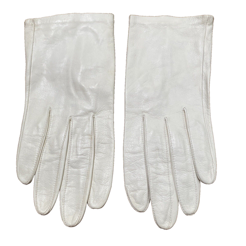 Vintage Miss Aris White Leather Gloves Size 6.5 Made in Philippines Wrist Length
